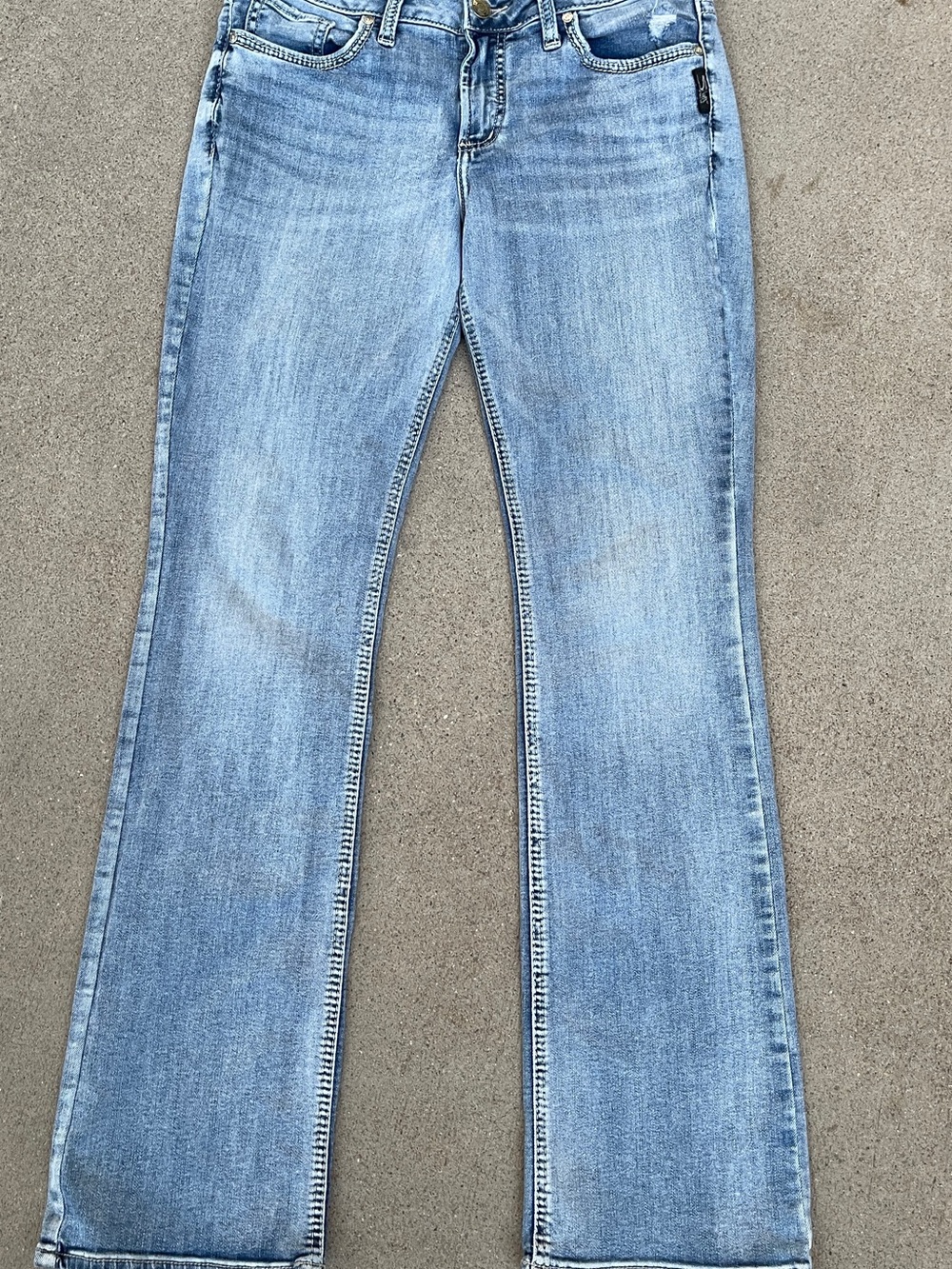 Silver Jeans Suki Bootcut Thick Stitch Embroidered Flap Pocket Distressed Sz 30